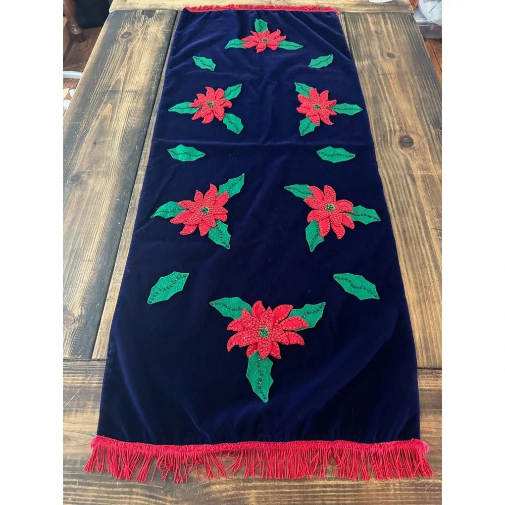 Vtg‎ Handmade Velvet Table Runner Christmas Poinsettia Beaded Purple 53